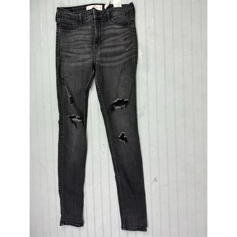 Hollister Size 5 L Long Womens Jeans Black Distress Skinny Stretch Mid Rise